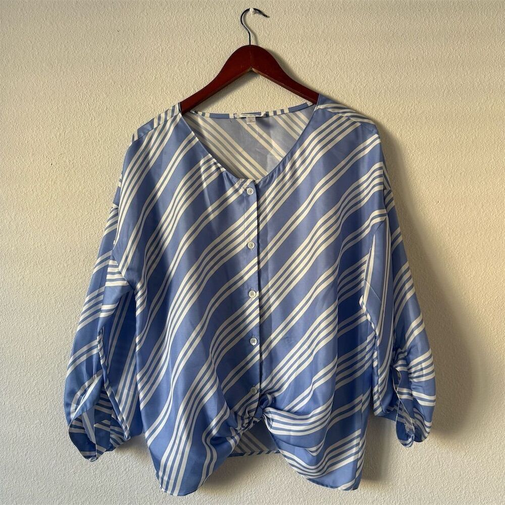BAGUTTA Italy Striped Silk Boho Top Size 48 Blue V-Neck Blouse Business Casual